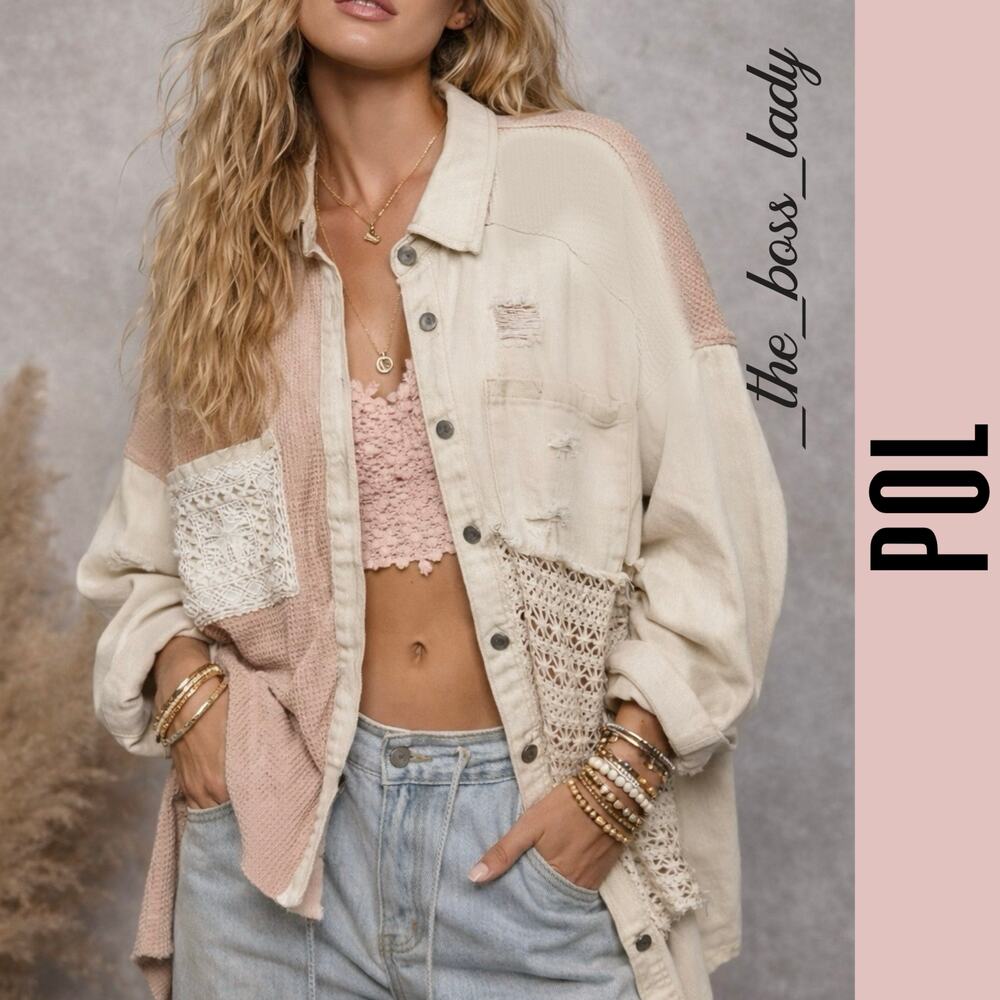 POL patchwork shacket crochet distressed button d… - image 1